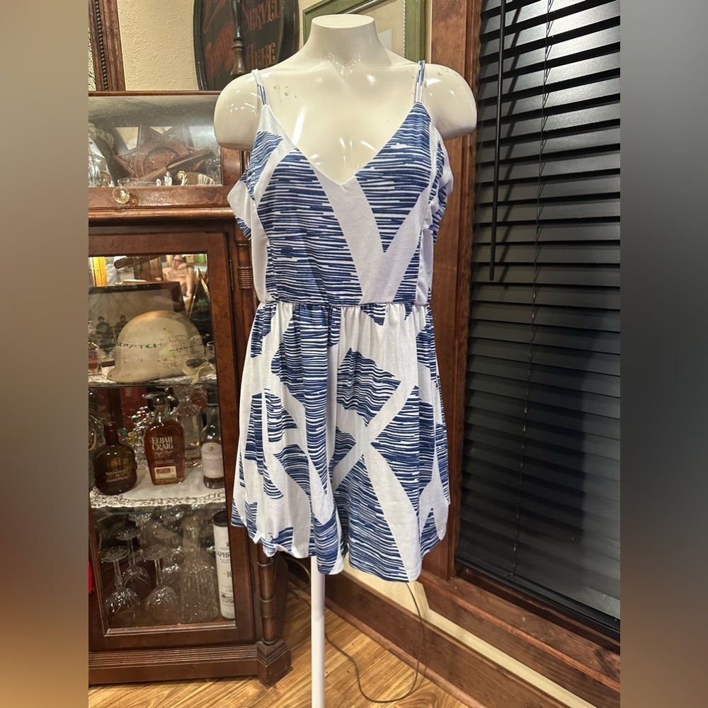 Angashion Blue White Geometric V Neck Romper XL - Picture 3 of 7